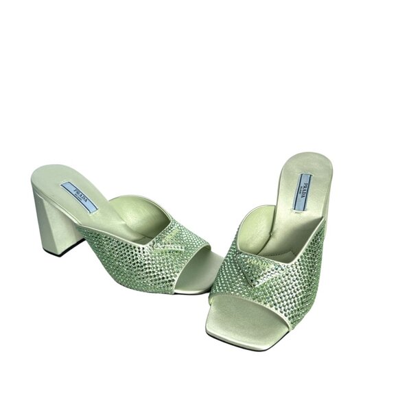 Prada 1XX642 Satin Crystal Embellished Acqua Slide Heel Sandals, 36.5 - Picture 5 of 14